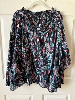Feather Print Talbots Plus Pullover Blouse Size 3X Boho Cottagecore Peasant Top